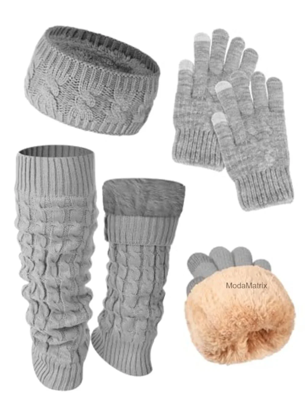 Fleece Lined Leg Warmers Headband Gloves Set Knit Winter